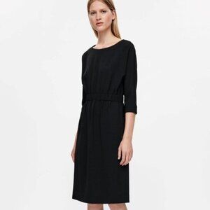 COS Womens Gathered Waist Dress‎ 3/4 Sleeve Boat Neck Relaxed Fit Black Size 6